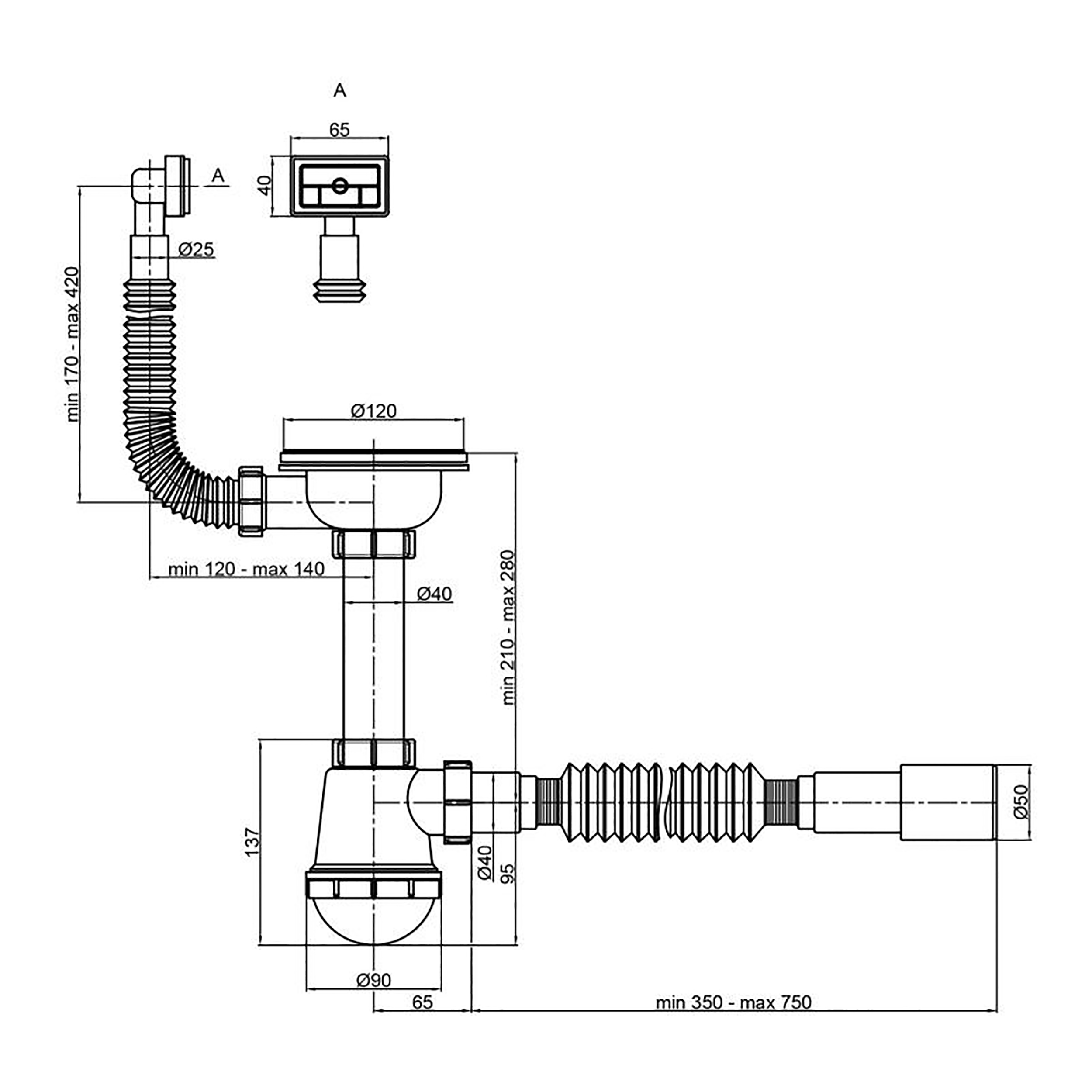 Сифон для мийки 3 1/2"x40 з переливом гофротруба PLM PM 40 SF 20 05